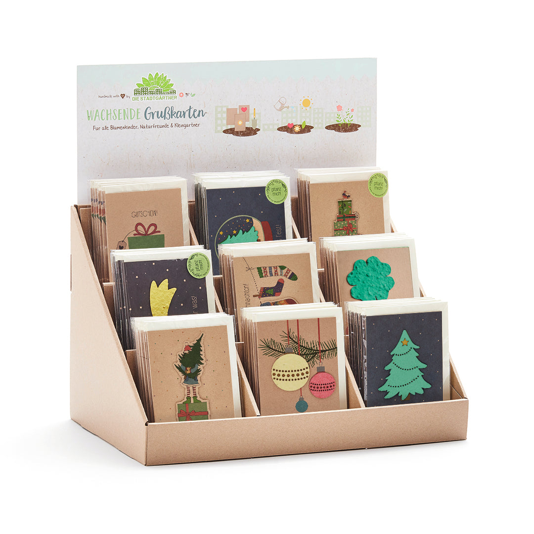 Cardboard display of 9 Christmas / New Year greeting cards