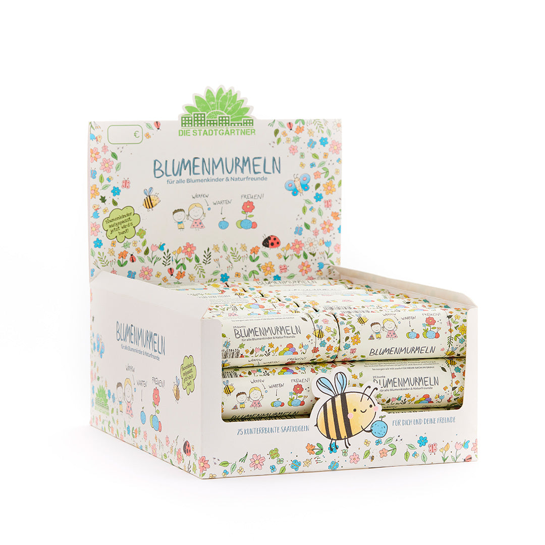 Tray of flower marbles, filled, 42 pieces in the tin